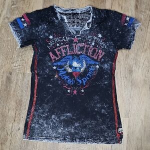 Affliction Black Graphic Tee with Red and Blue Accents